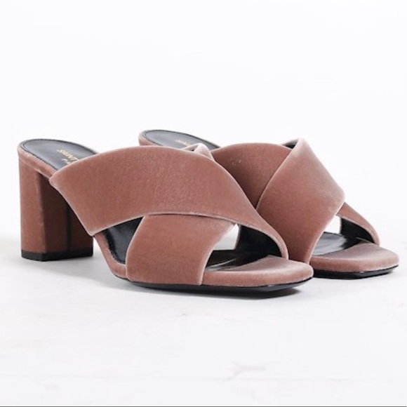 SAINT LAURENT 
PINK LOU LOU VELVET SANDALS - Picture 1 of 9